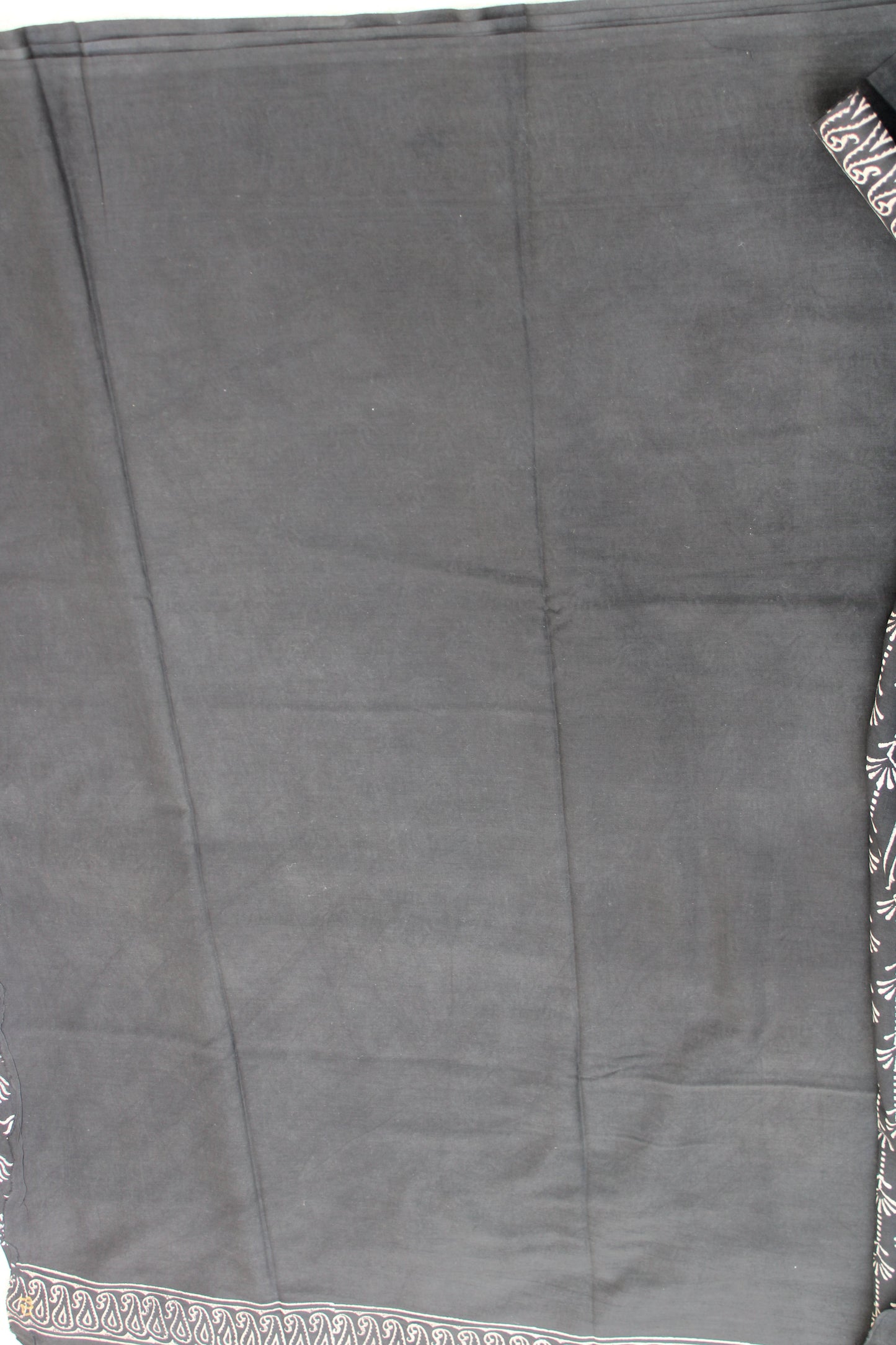 Black with white lotus hand block printed mul cotton saree