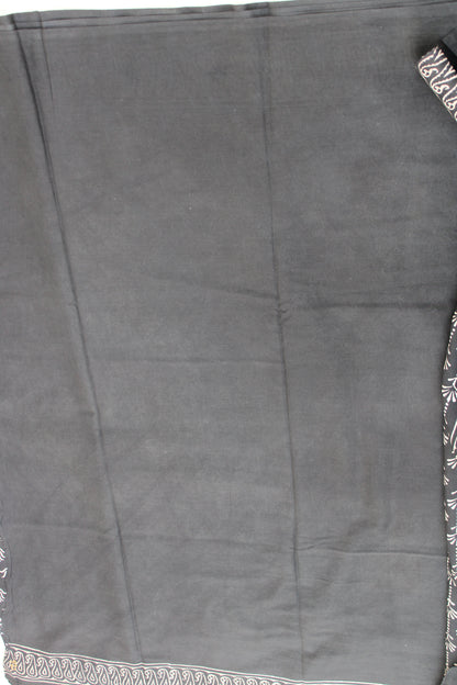 Black with white lotus hand block printed mul cotton saree