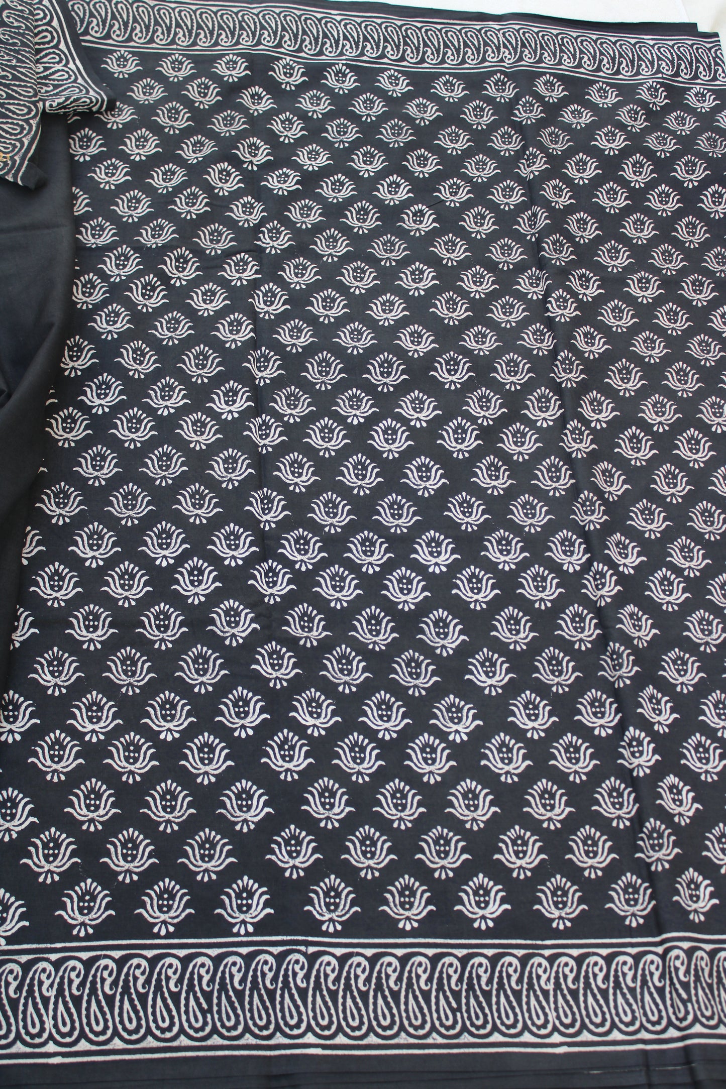 Black with white lotus hand block printed mul cotton saree