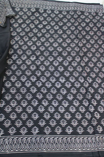 Black with white lotus hand block printed mul cotton saree