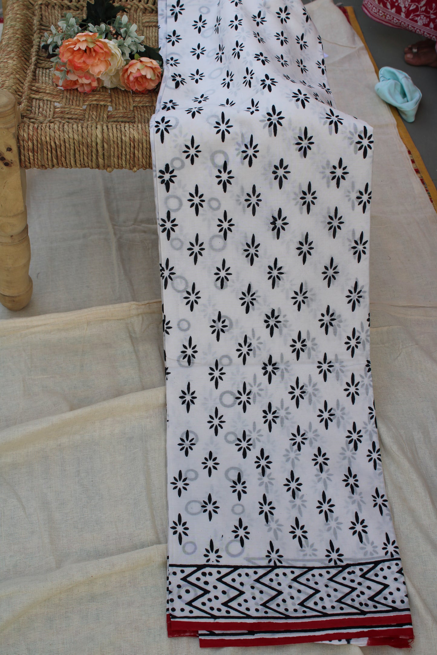 White with black flower hand block printed Mul cotton saree