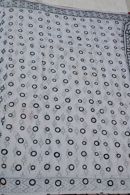 White with black flower hand block printed Mul cotton saree