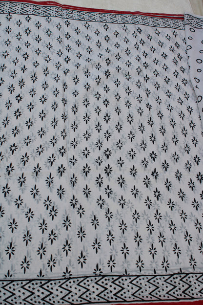 White with black flower hand block printed Mul cotton saree
