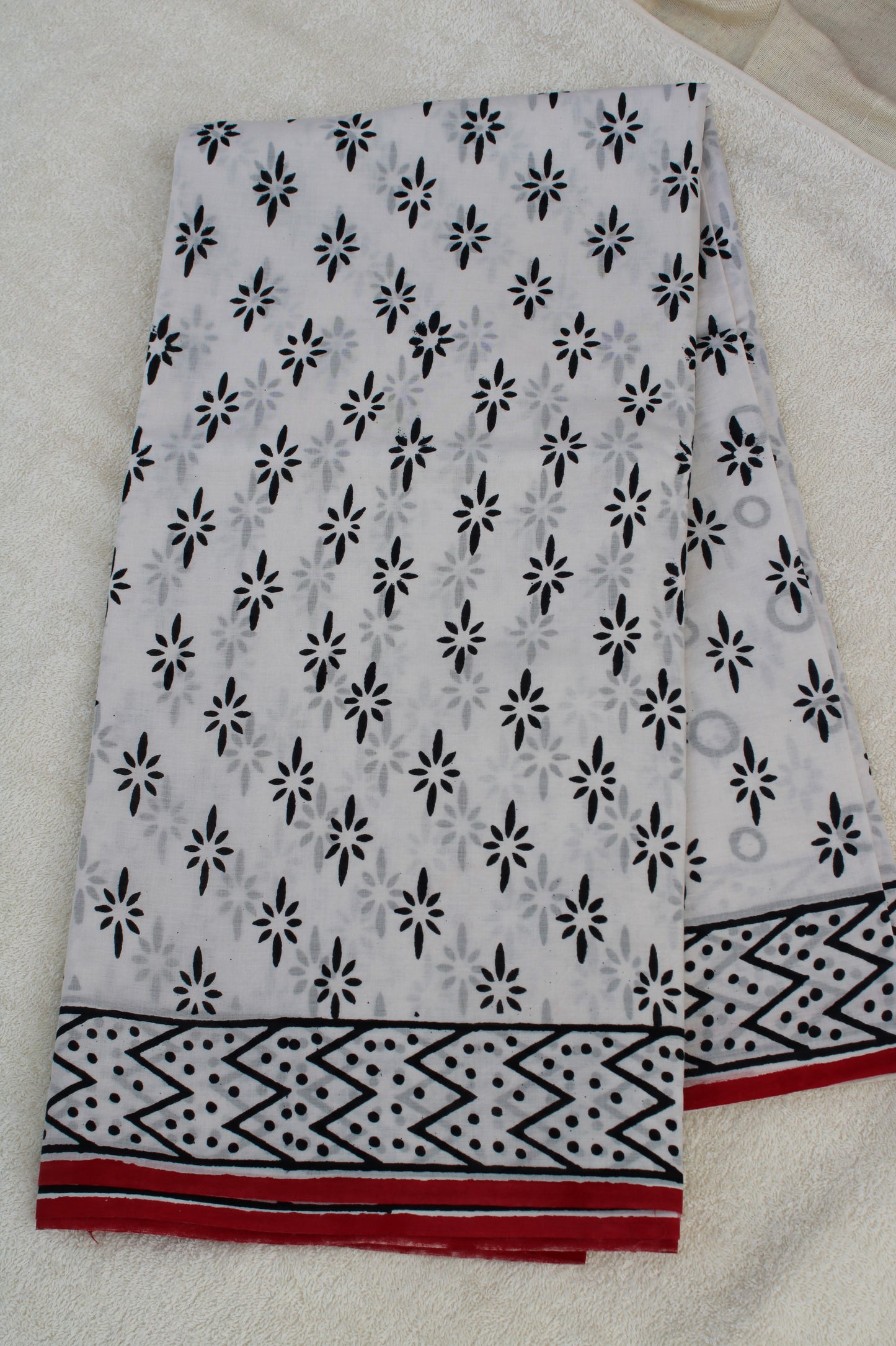 White with black flower hand block printed Mul cotton saree