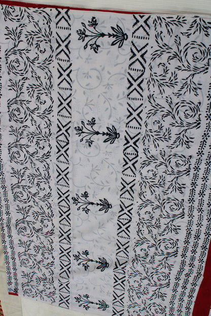 White with black peacock leaf hand block printed mul cotton saree