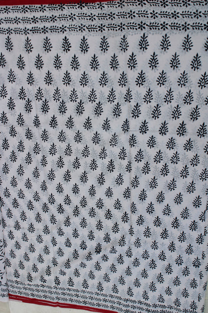 White with black peacock leaf hand block printed mul cotton saree