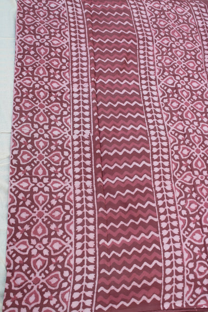 Onion pink with white hand block printed mul cotton saree