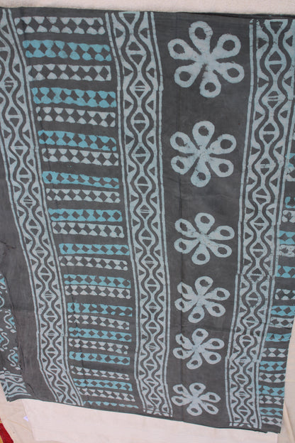 Blue grey Block printed Mul cotton saree