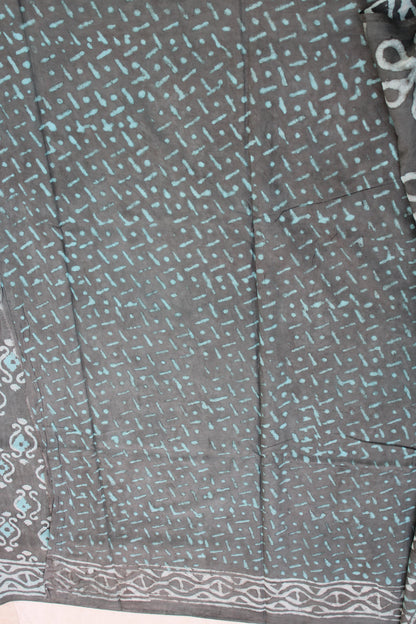 Blue grey Block printed Mul cotton saree