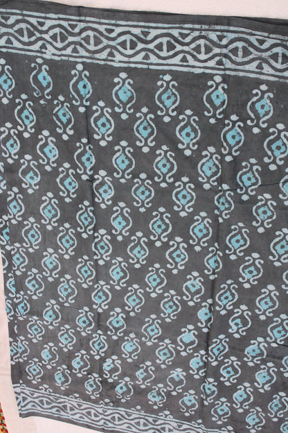 Blue grey Block printed Mul cotton saree