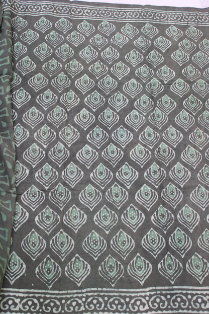 Earthy green colour saree with hand block printed mul cotton saree