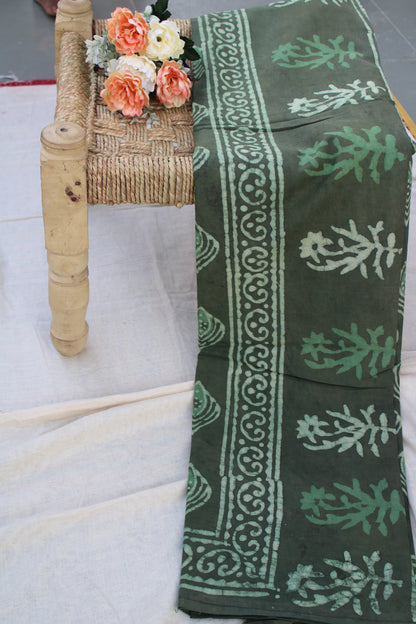 Earthy green colour saree with hand block printed mul cotton saree