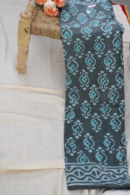 Blue grey Block printed Mul cotton saree