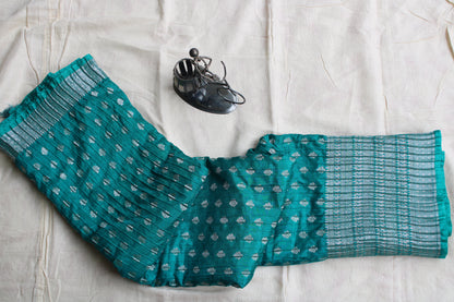 Blue green Crushed Banarasi silver Zari weaving saree