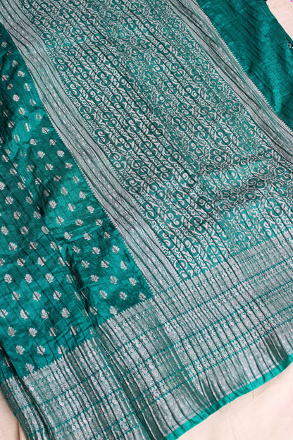 Blue green Crushed Banarasi silver Zari weaving saree
