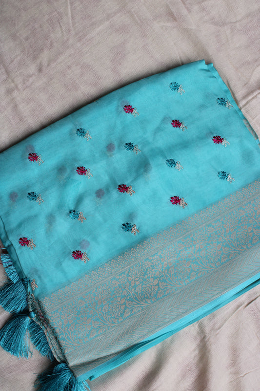 Light blue crapesilk Saree with flower embroidery design
