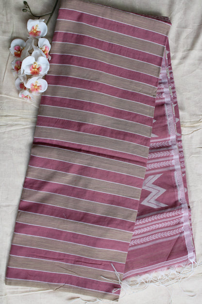 Pink Vertical stipes Cotton silk saree with zamdani weaving pallu