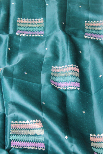 Green Dot Tusser Saree with Silver Embroidery design with Contrast Blouse