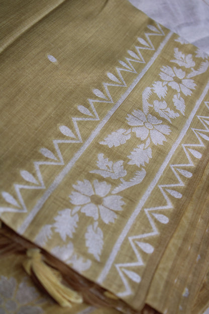 Light Mustard Yellow Chanderi Saree with  White Zamdani weaving border