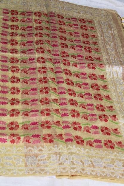 Light Mustard Yellow Chanderi Saree with  White Zamdani weaving border
