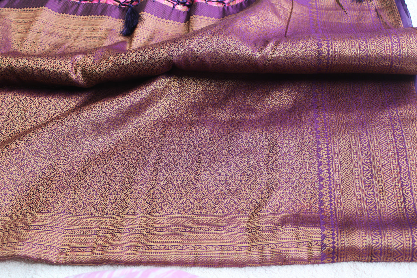 Pink Zari woven saree with contrast brocade blouse