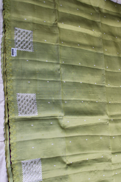 Green Soft Tusser Saree with geometric embroidery Contrast blouse