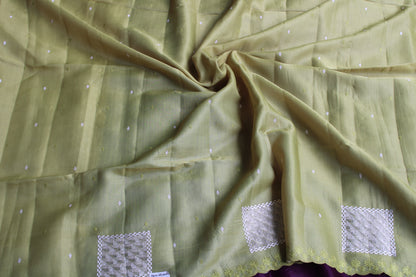 Green Soft Tusser Saree with geometric embroidery Contrast blouse