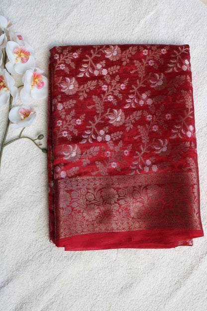 Red pure raw mango saree with silver and gold meenakari weaving