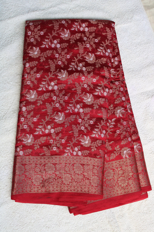 Red pure raw mango saree with silver and gold meenakari weaving