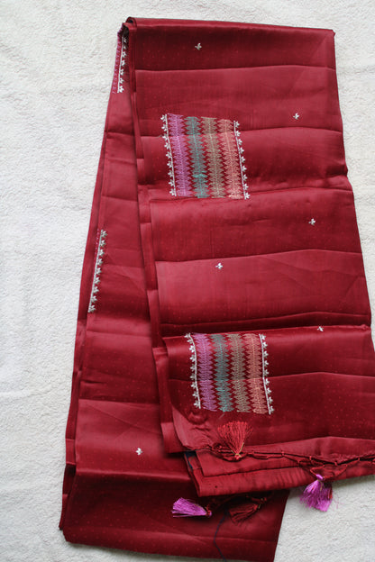 Maroon Premium Dot Tusser saree with embroidery and contrast blouse