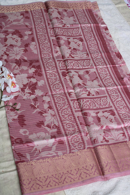 Pink tusser saree with zari horizantal lines and zare border