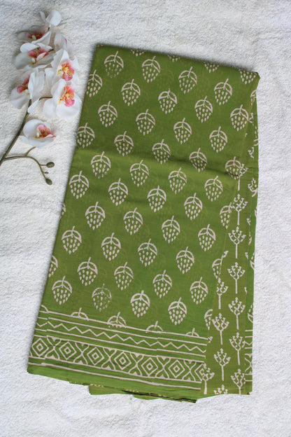 Green Mul cotton block printed saree with flower motifs
