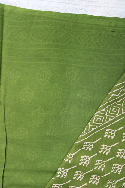 Green Mul cotton block printed saree with flower motifs