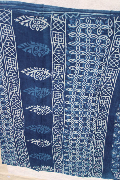 Indigo Blue Mul cotton saree wit block prints