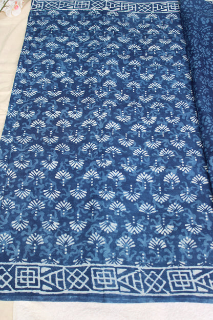Indigo Blue Mul cotton saree wit block prints