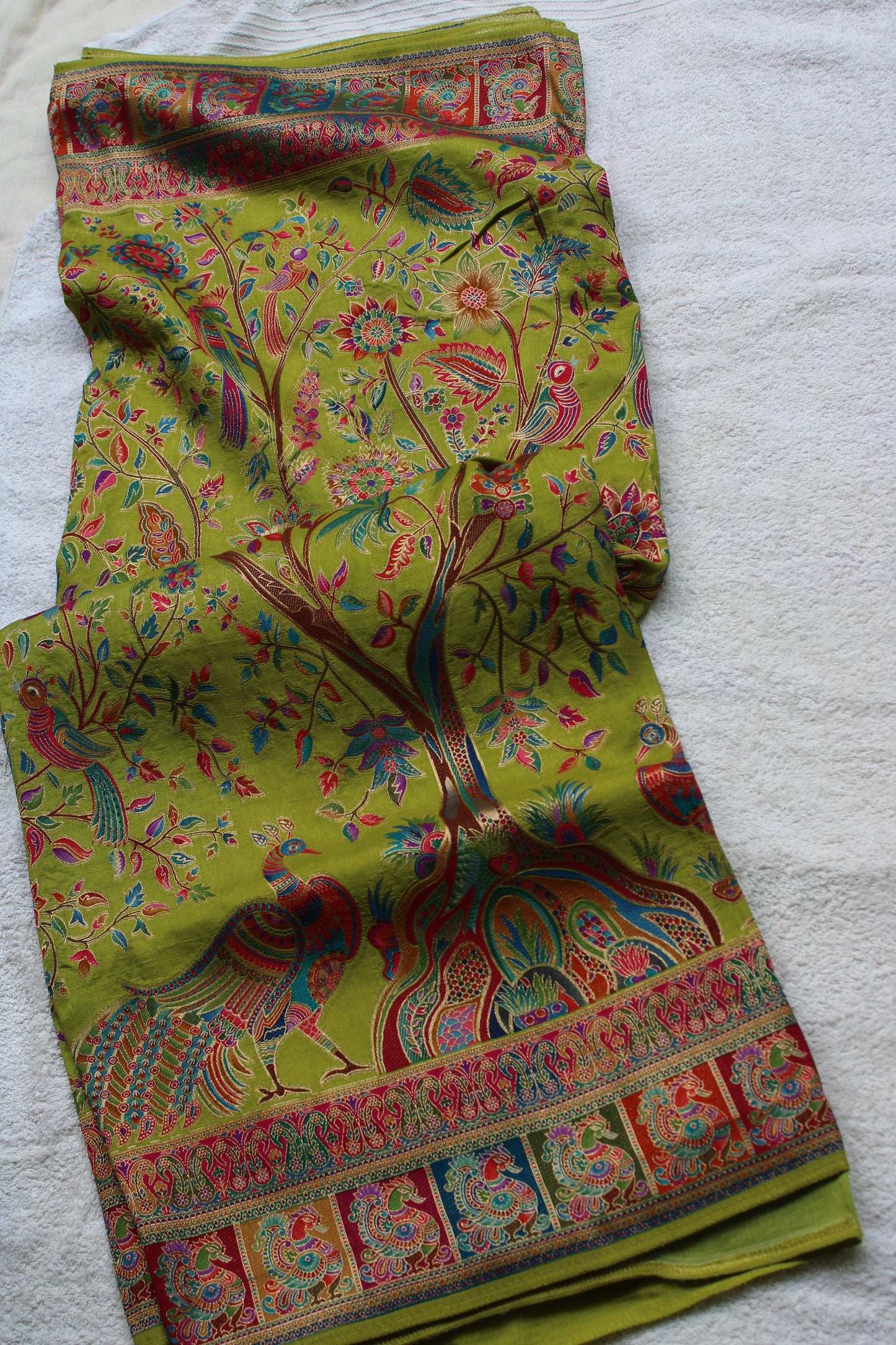 Green Pure kashmiri emporium saree with Peacock theme