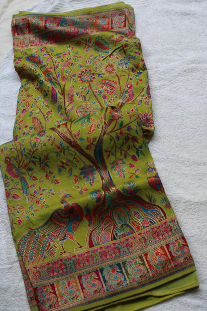 Green Pure kashmiri emporium saree with Peacock theme