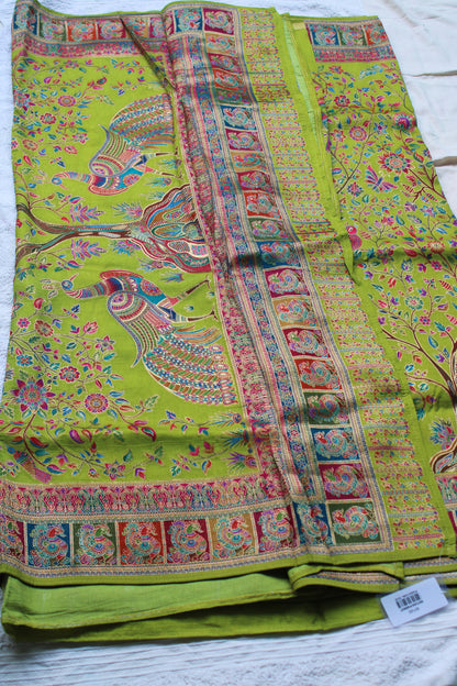 Green Pure kashmiri emporium saree with Peacock theme