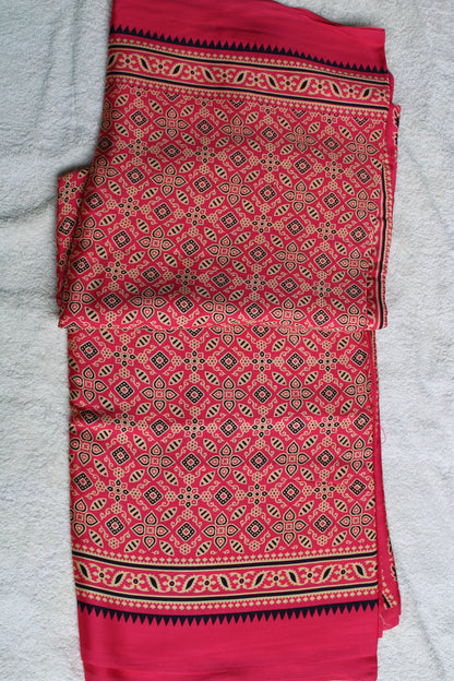 Pink Pure modal saree with ajrak prints