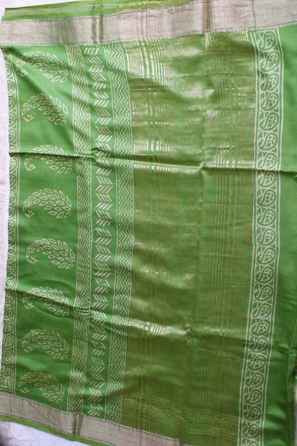 Green Maheshwari Art silk saree with block prints and zari border