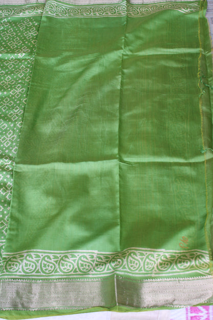 Green Maheshwari Art silk saree with block prints and zari border