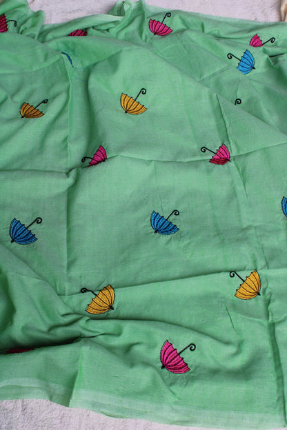 Green Kadhi cotton saree with unique umbrella Embroidery design