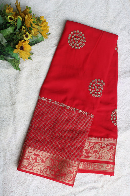 Red Double border viscous crape saree