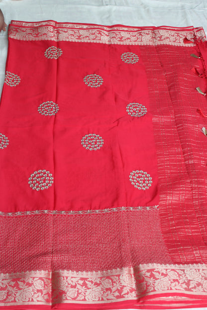 Red Double border viscous crape saree
