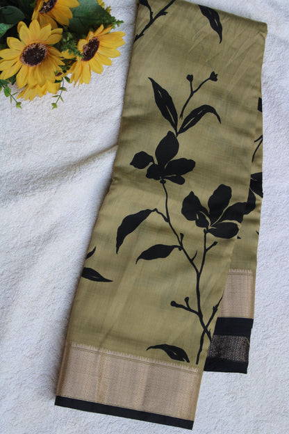 Green Tussur Crape saree with floral design
