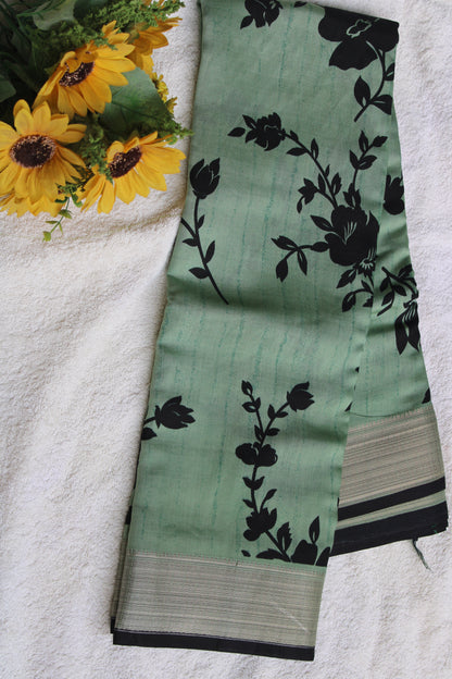 Green Tussur Crape saree with floral design