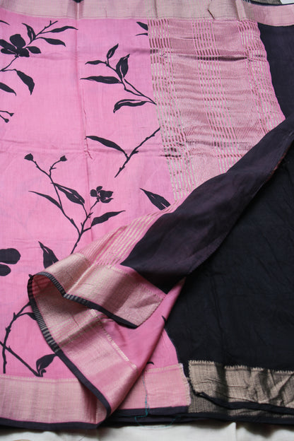 Pink Tussur Crape saree with floral design