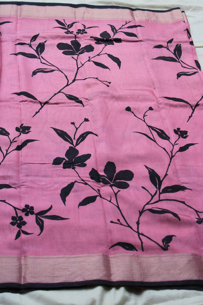 Pink Tussur Crape saree with floral design