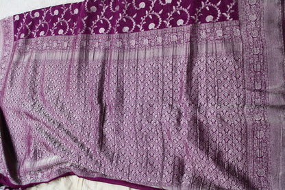 Majenta Banarasi Mashru crape georgette Saree with flower zaal design