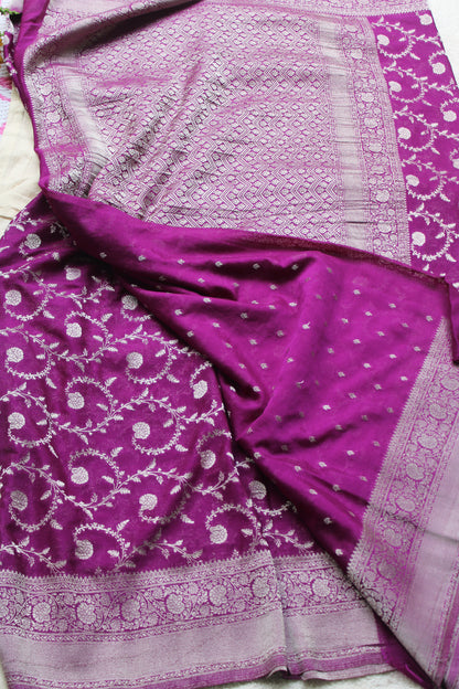 Majenta Banarasi Mashru crape georgette Saree with flower zaal design